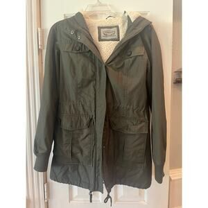 Levis Military Green Fur Hooded Jacket Women Small Sherpa Lined Fall Preppy Y2K